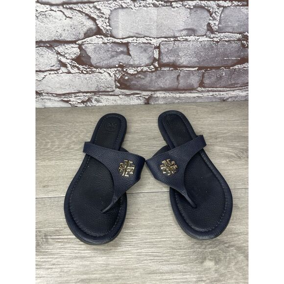 Tory Burch Jole Navy Blue Thong Tumbled Leather Sandals Women’s Sz 6.5M US/37EU - Picture 2 of 16